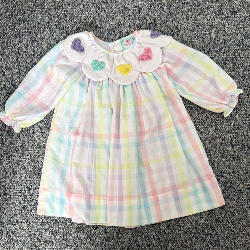 Smocked Flamingo Pastel Plaid Dress with Heart Collar
